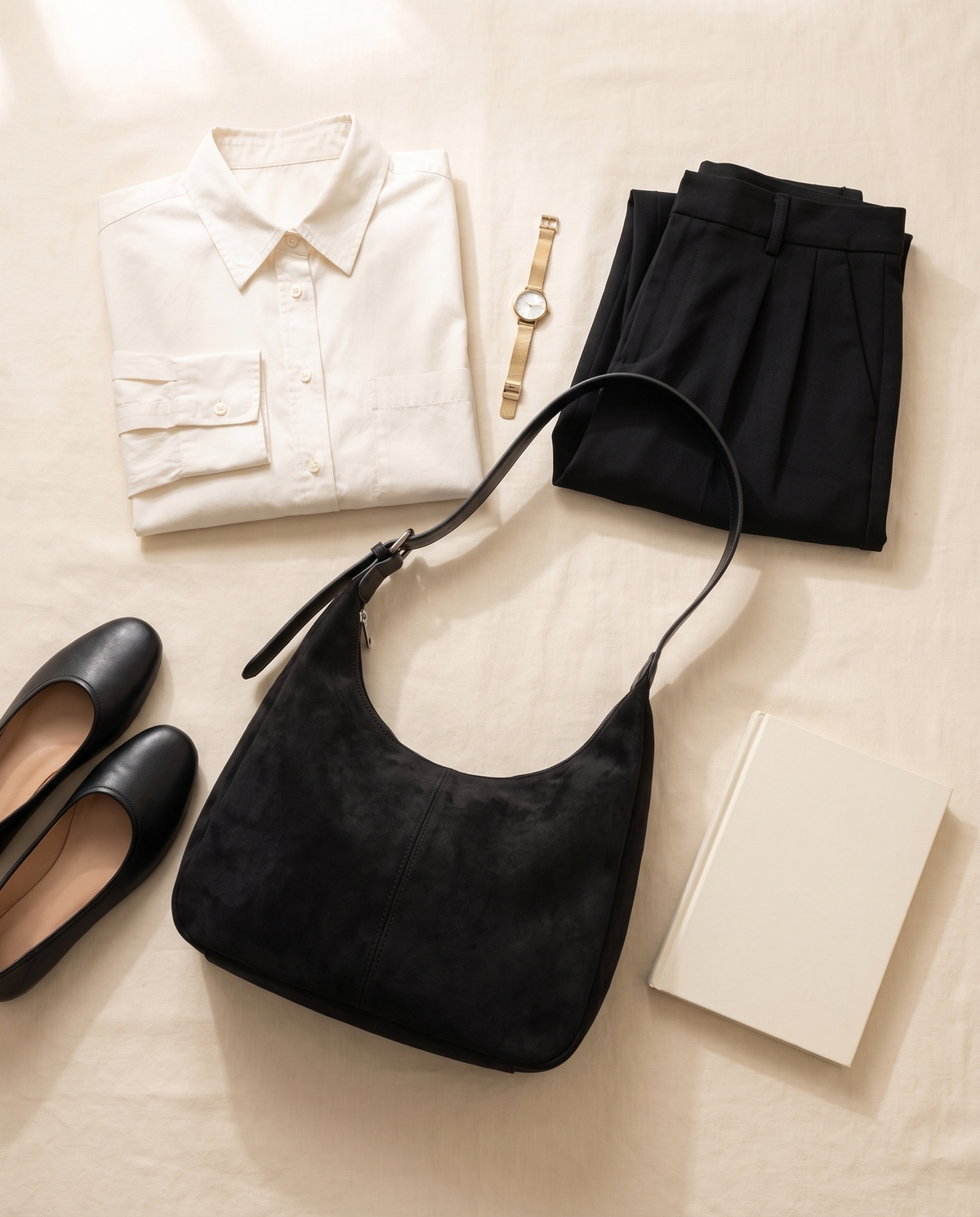 Black and tailoring: the Laurel Tote with an ivory shirt, black trousers and ballet flats