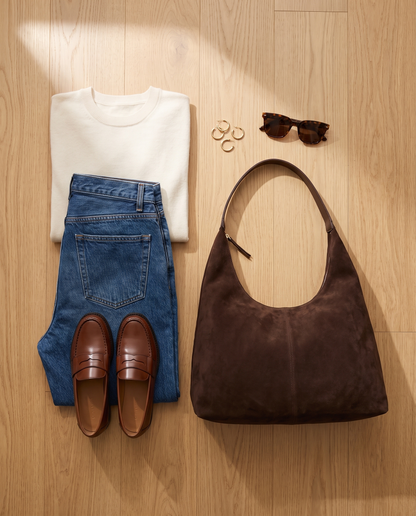 Chocolate and denim: the Laurel Shoulder with a cream knit, straight jeans and loafers
