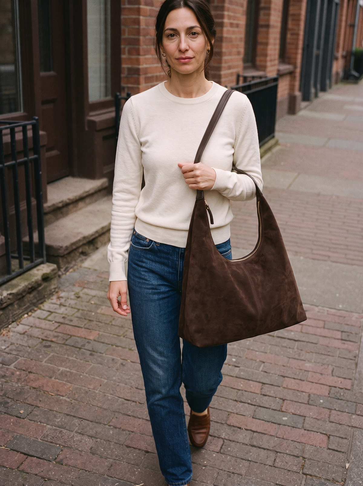 The Laurel Shoulder in chocolate worn on the shoulder with a cream sweater and jeans