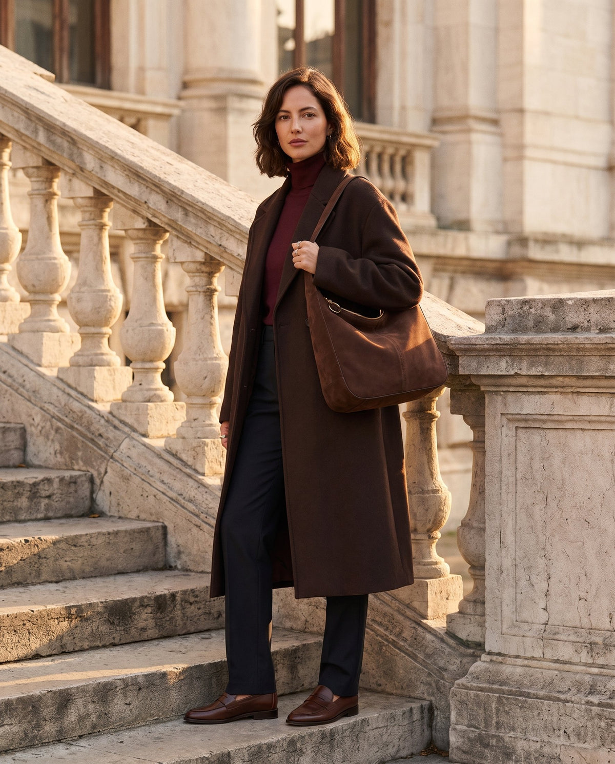 Woman on limestone steps with the chocolate Laurel Shoulder