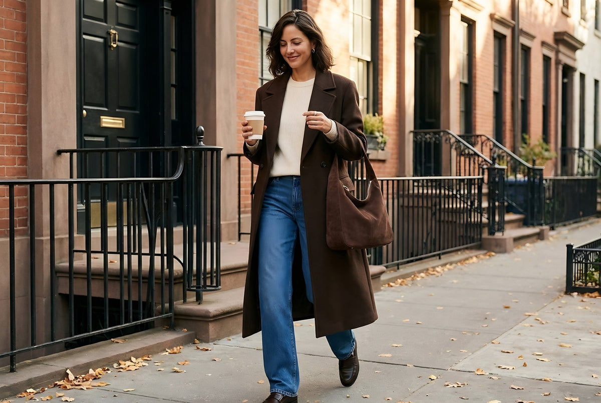 Walking a brownstone street in autumn with the Laurel Shoulder