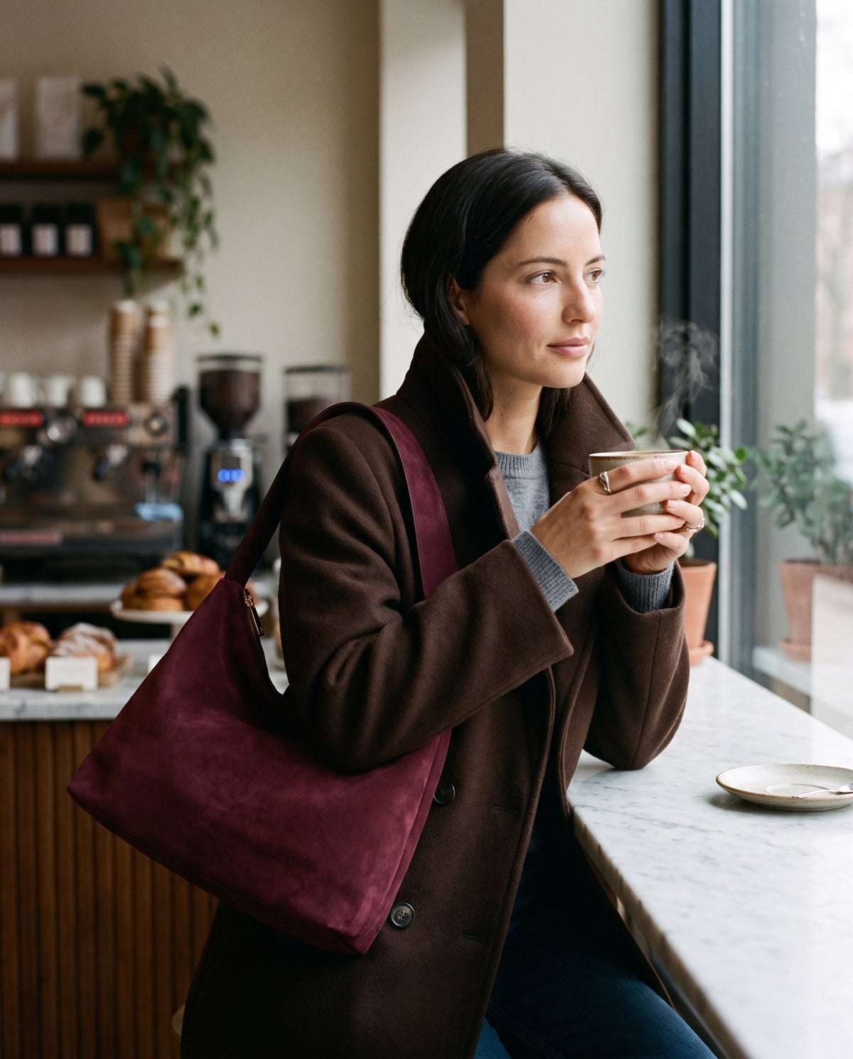 Morning coffee with the burgundy Wren Shoulder